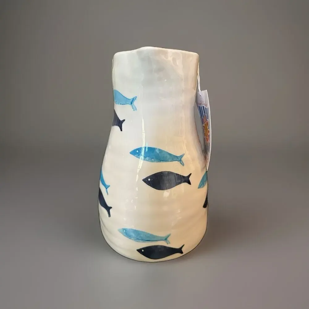 New White Pitcher Cobalt & Aqua Blue Sardine Fish Motif Handmade In Portugal 9”